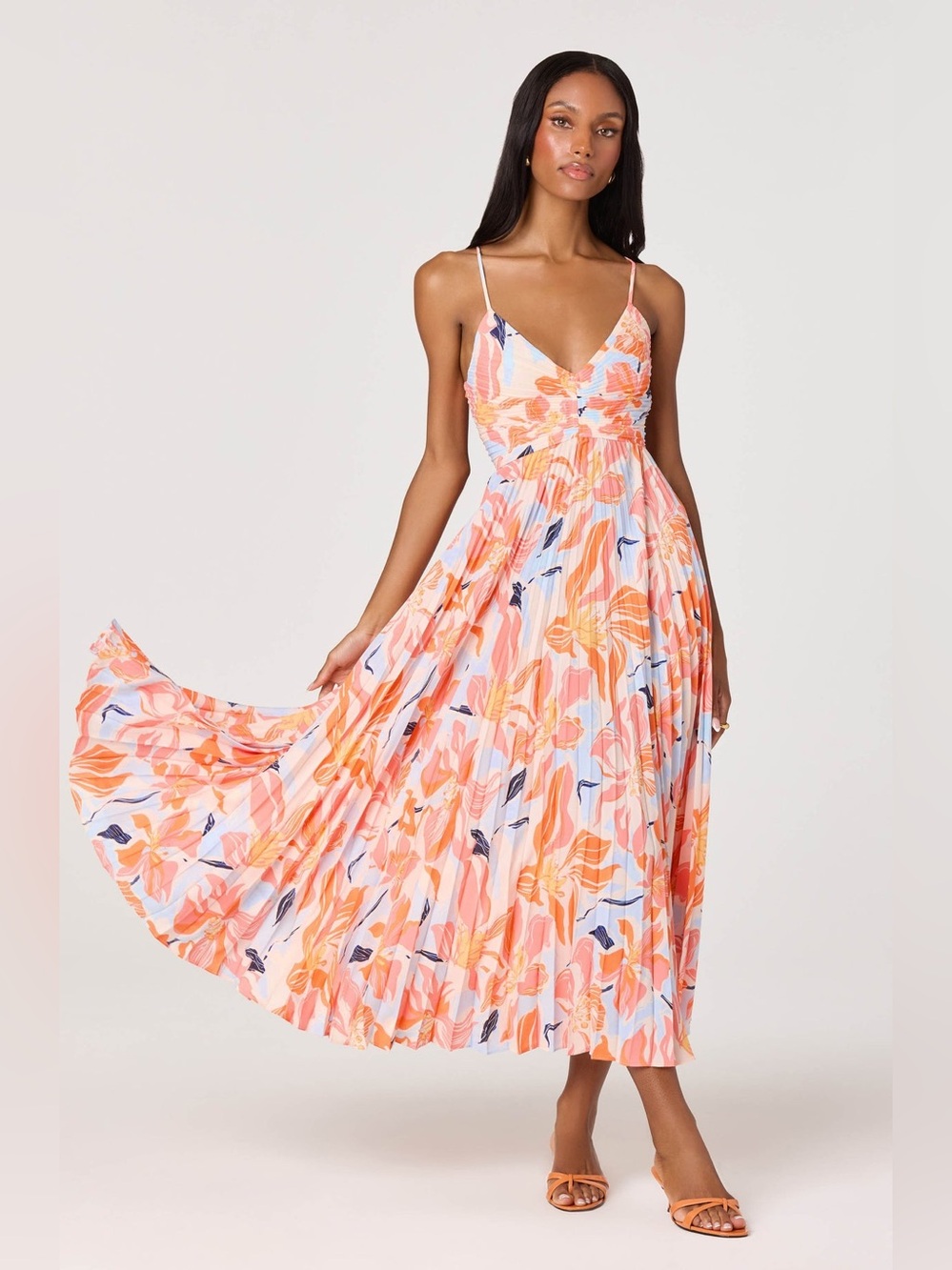 ASTR the Label | Blythe Floral Plisse Midi Dress | Coral Blue Multi